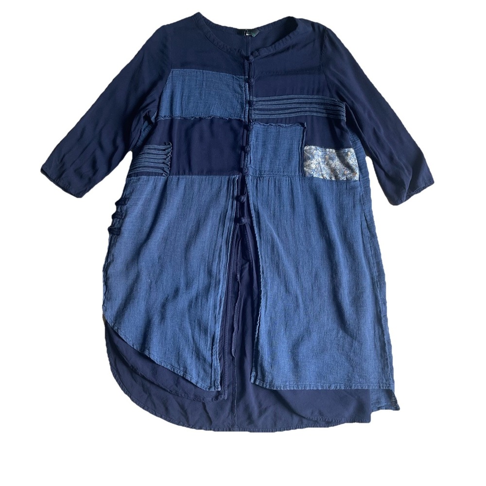 Peacock Ways Women's Large Patchwork Tunic Blue Boho Artsy Layered Buttons‎
